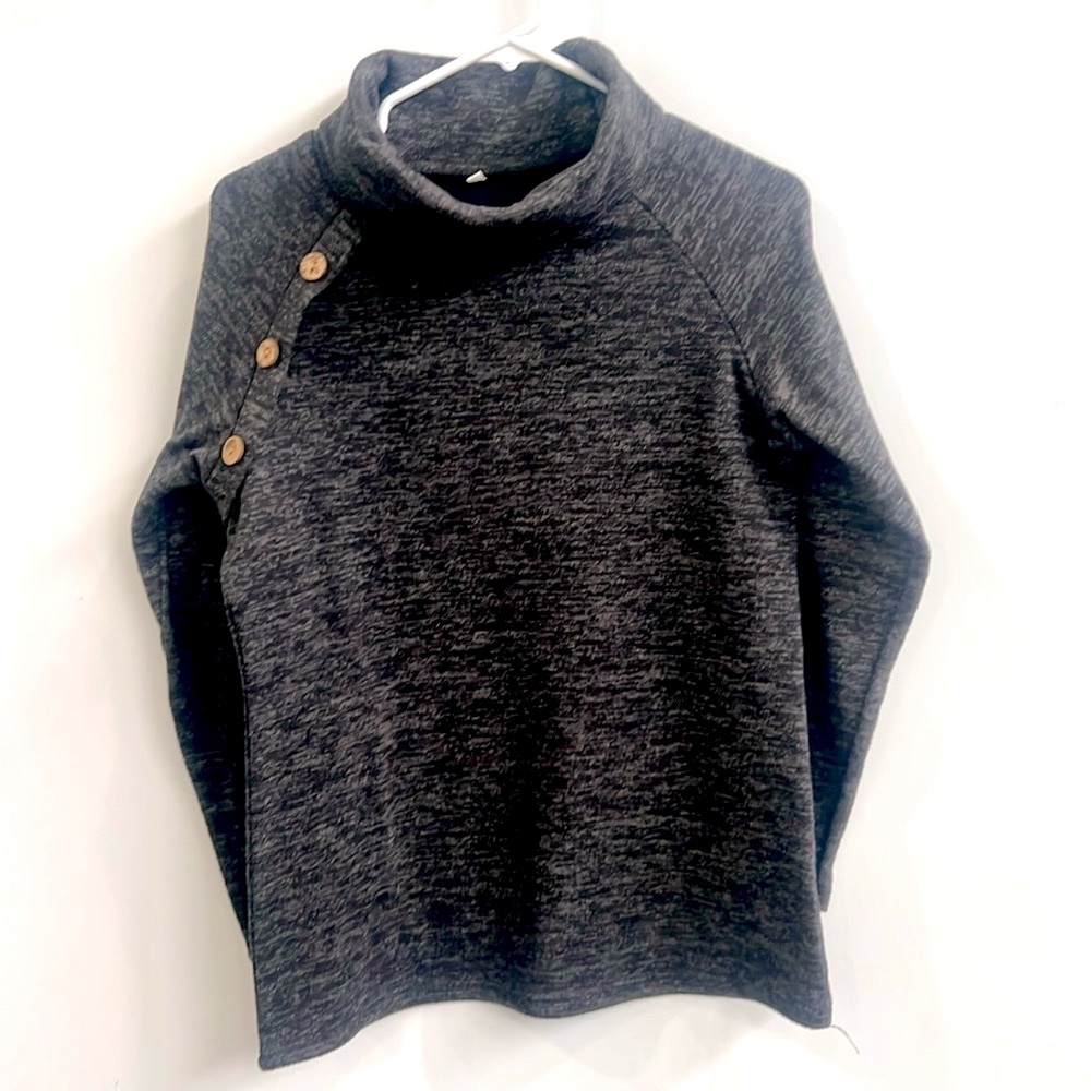 Black and Grey Heather Sweatshirt with Decorative Buttons